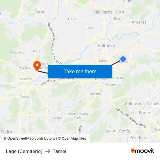 Lage (Cemitério) to Tamel map