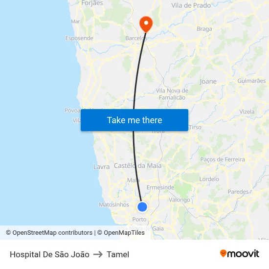 Hospital De São João to Tamel map