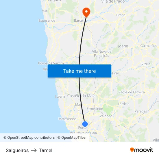 Salgueiros to Tamel map