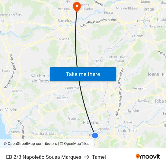 EB 2/3 Napoleão Sousa Marques to Tamel map