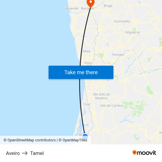 Aveiro to Tamel map