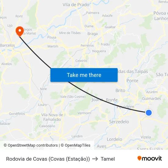 Rodovia de Covas (Covas (Estação)) to Tamel map