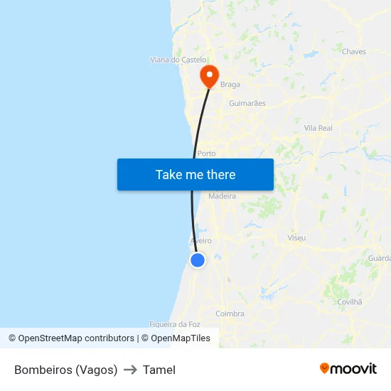 Bombeiros (Vagos) to Tamel map