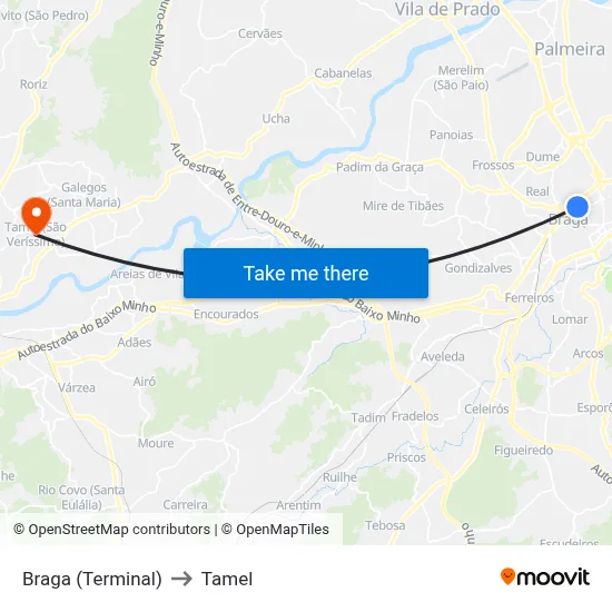 Braga (Terminal) to Tamel map