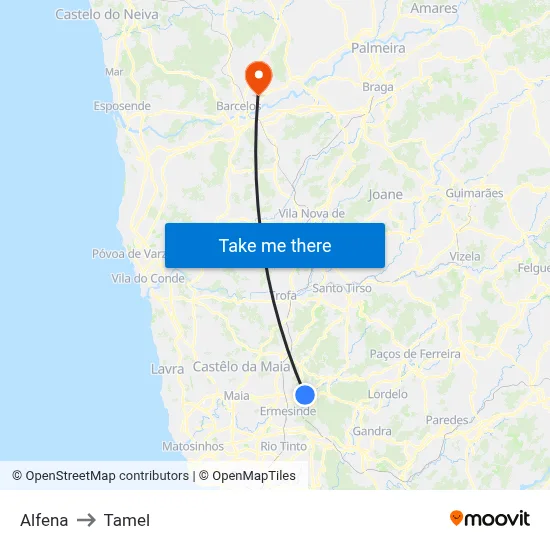Alfena to Tamel map