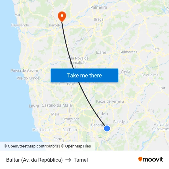 Baltar (Av. da República) to Tamel map