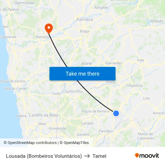 Lousada (Bombeiros Voluntários) to Tamel map