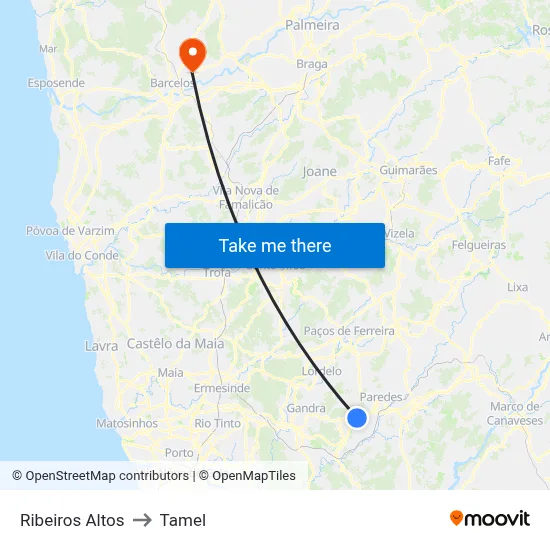 Ribeiros Altos to Tamel map