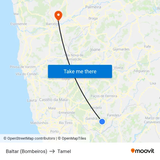 Baltar (Bombeiros) to Tamel map