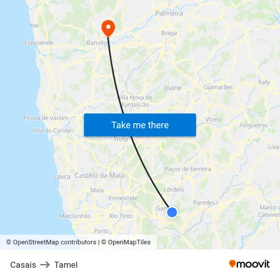 Casais to Tamel map