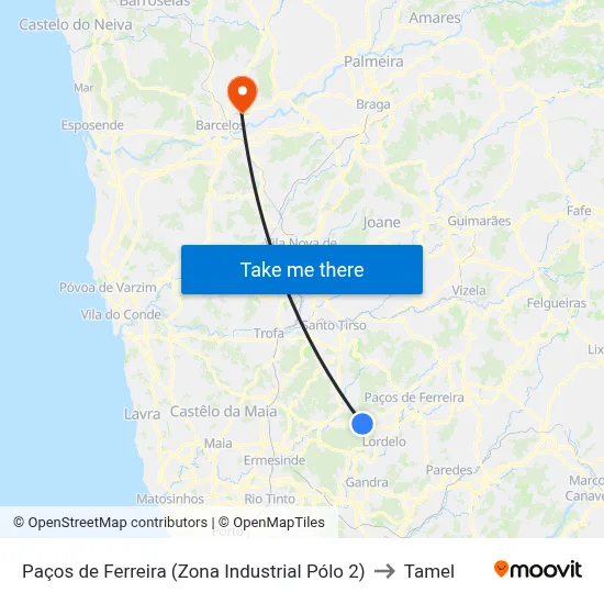 Paços de Ferreira (Zona Industrial Pólo 2) to Tamel map