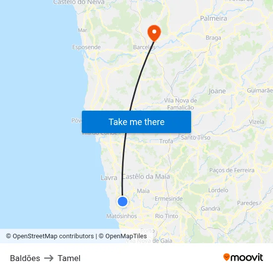 Baldões to Tamel map