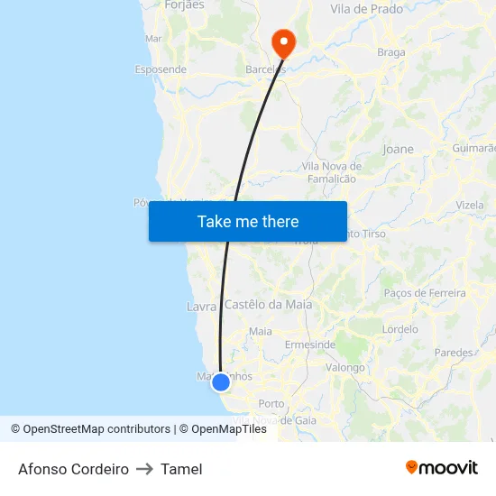 Afonso Cordeiro to Tamel map