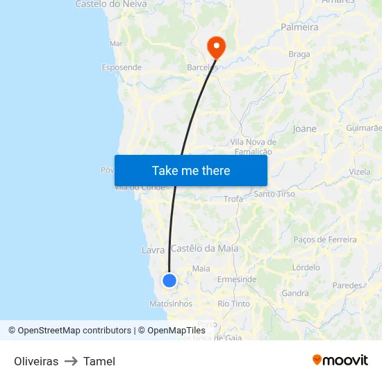 Oliveiras to Tamel map