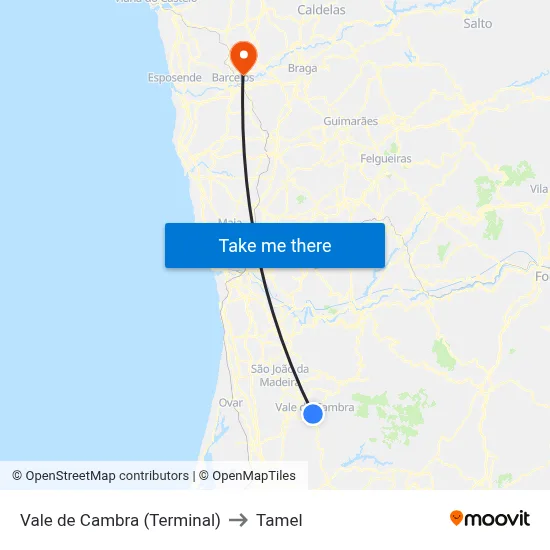 Vale de Cambra (Terminal) to Tamel map