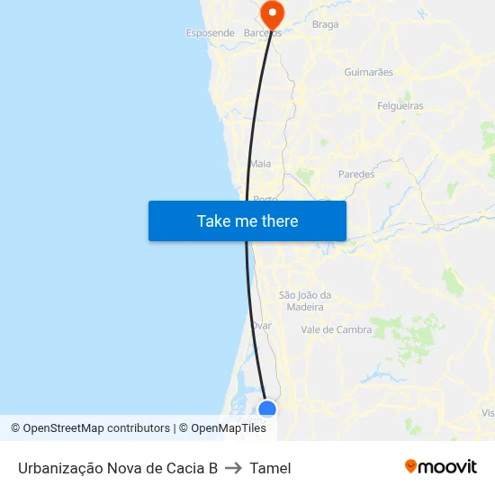 Urbanização Nova de Cacia B to Tamel map