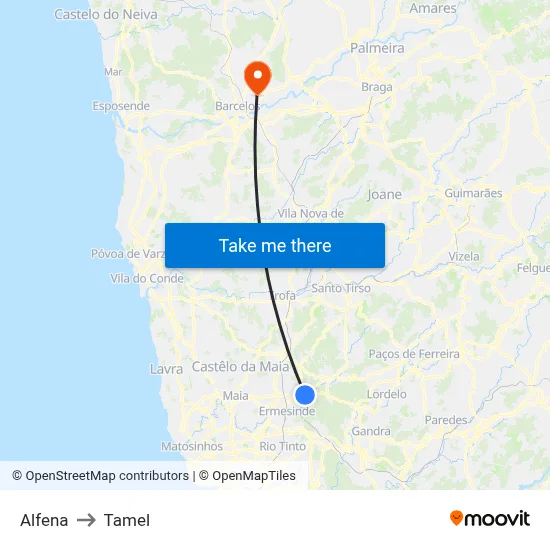 Alfena to Tamel map
