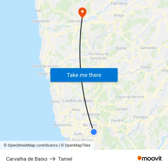 Carvalha de Baixo to Tamel map