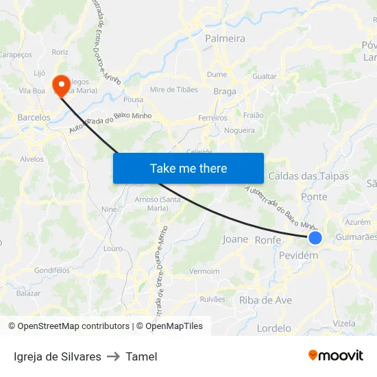 Igreja de Silvares to Tamel map