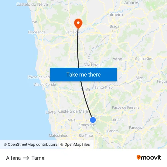 Alfena to Tamel map