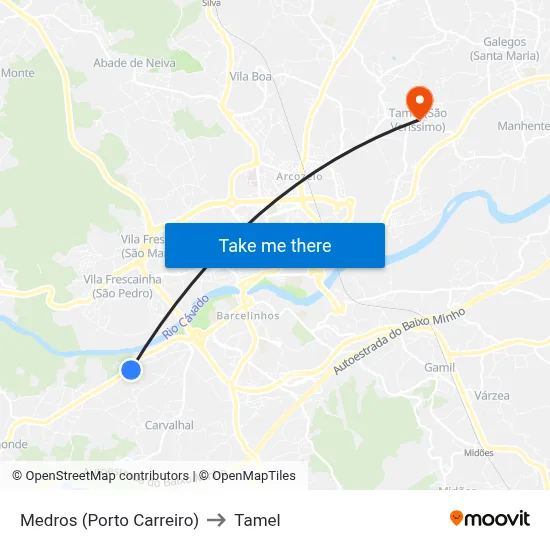 Medros (Porto Carreiro) to Tamel map