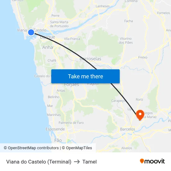 Viana do Castelo (Terminal) to Tamel map