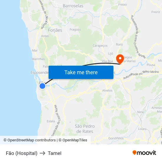 Fão (Hospital) to Tamel map