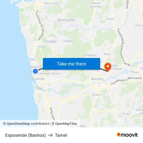Esposende (Banhos) to Tamel map