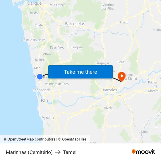 Marinhas (Cemitério) to Tamel map