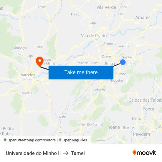 Universidade do Minho II to Tamel map