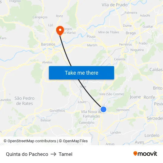 Quinta do Pacheco to Tamel map