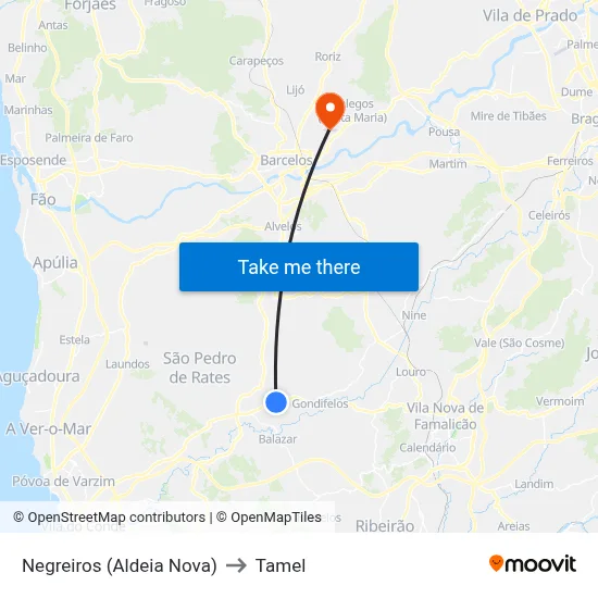 Negreiros (Aldeia Nova) to Tamel map