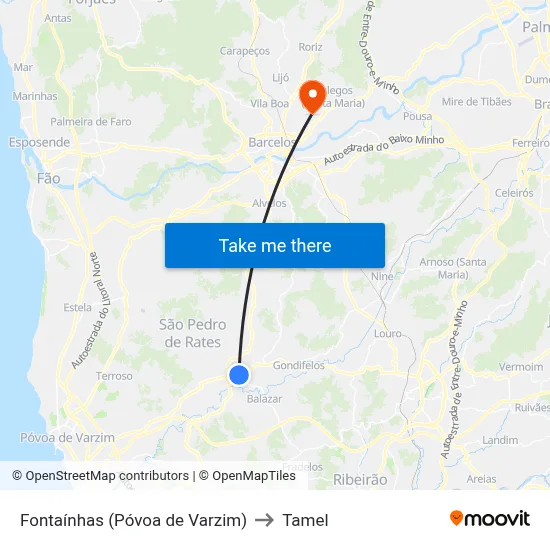 Fontaínhas (Póvoa de Varzim) to Tamel map