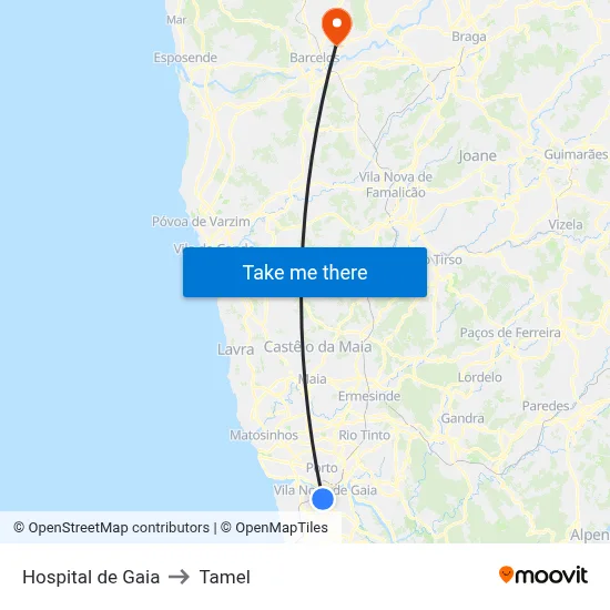 Hospital de Gaia to Tamel map