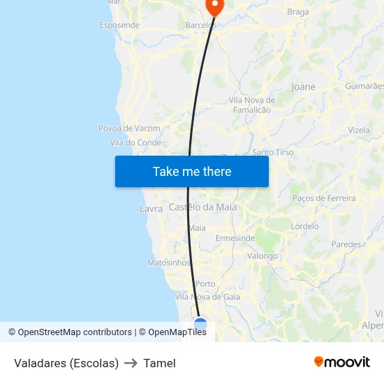 Valadares (Escolas) to Tamel map