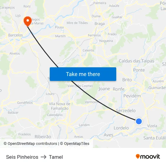 Seis Pinheiros to Tamel map