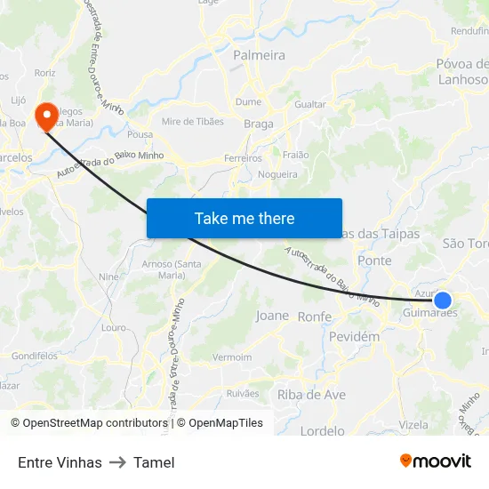 Entre Vinhas to Tamel map