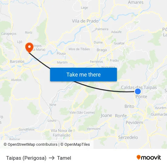 Taipas (Perigosa) to Tamel map