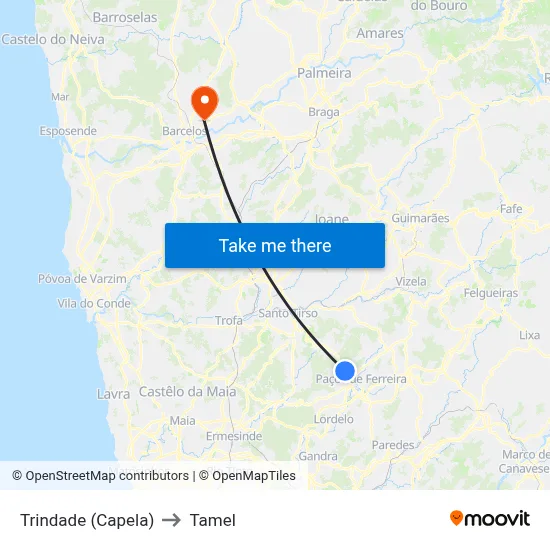 Trindade (Capela) to Tamel map