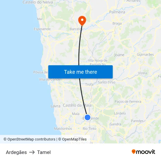 Ardegães to Tamel map