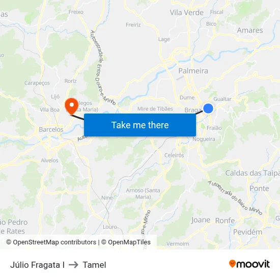 Júlio Fragata I to Tamel map