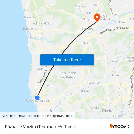 Póvoa de Varzim (Terminal) to Tamel map