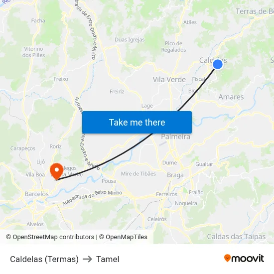 Caldelas (Termas) to Tamel map