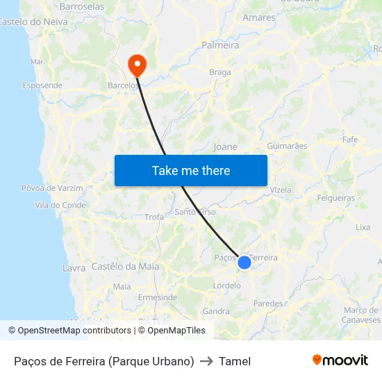 Paços de Ferreira (Parque Urbano) to Tamel map
