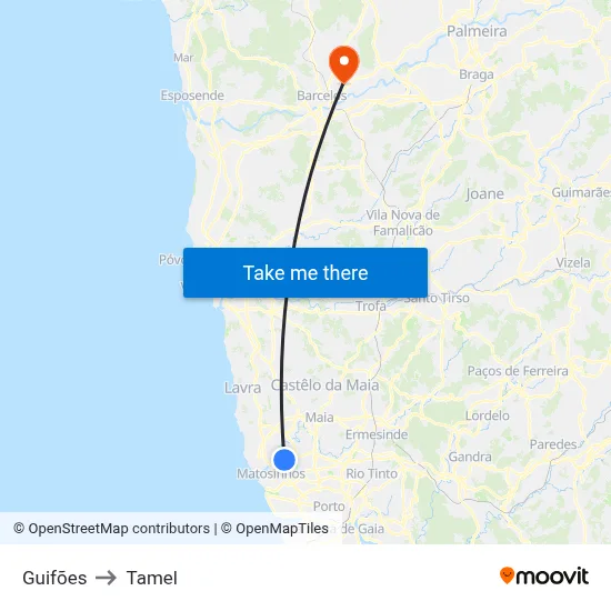 Guifões to Tamel map