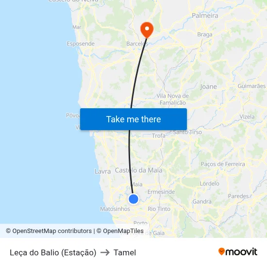 Leça do Balio (Estação) to Tamel map