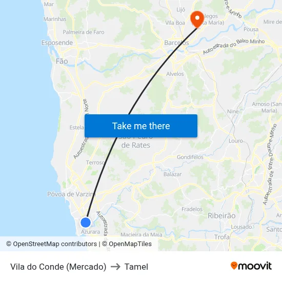 Vila do Conde (Mercado) to Tamel map