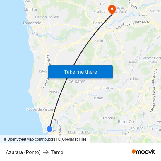 Azurara (Ponte) to Tamel map