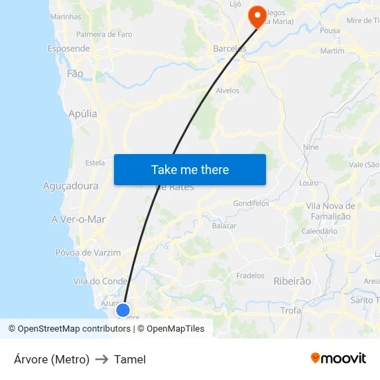 Árvore (Metro) to Tamel map