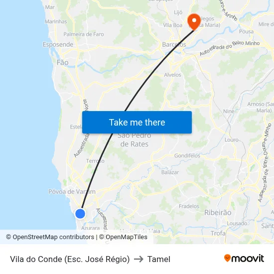 Vila do Conde (Esc. José Régio) to Tamel map